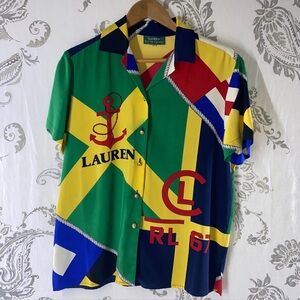VINTAGE LAUREN Ralph Lauren
Nautical Print Silk Shirt - Size Large - 90s